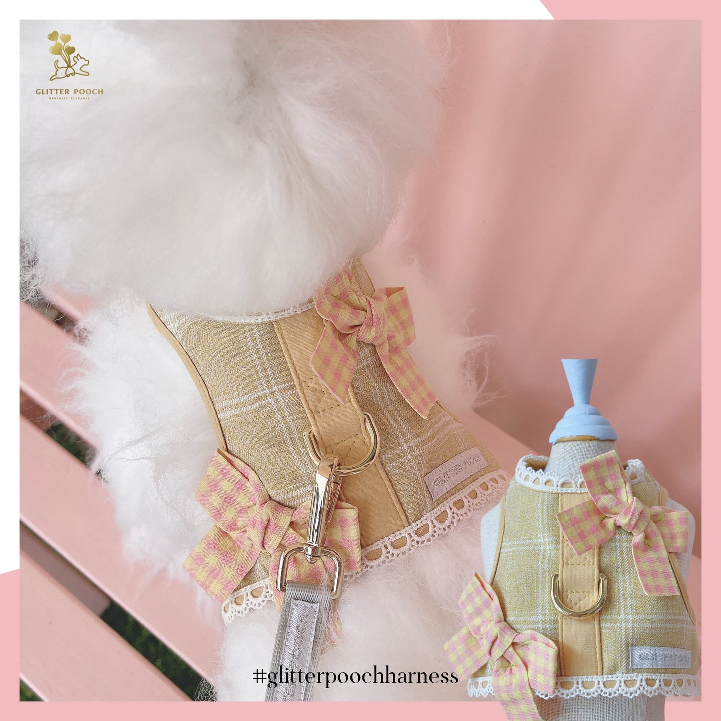 Glitter Pooch ชุดรัดอก สายจูง เสื้อผ้า สุนัข, หมา, แมว, สัตว์เลี้ยง พร้อม สายจูง รุ่น Inka Girl Yellow with Orange Bow