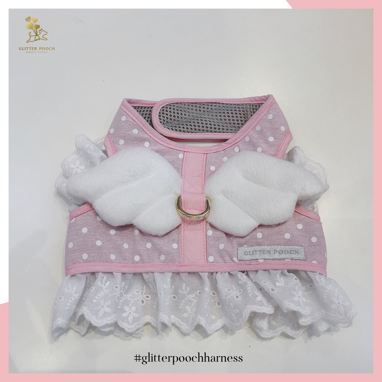 Glitter Pooch ชุดรัดอก สายจูง เสื้อผ้า สุนัข, หมา, แมว, สัตว์เลี้ยง พร้อม สายจูง รุ่น Dotty Angel Wing Pink