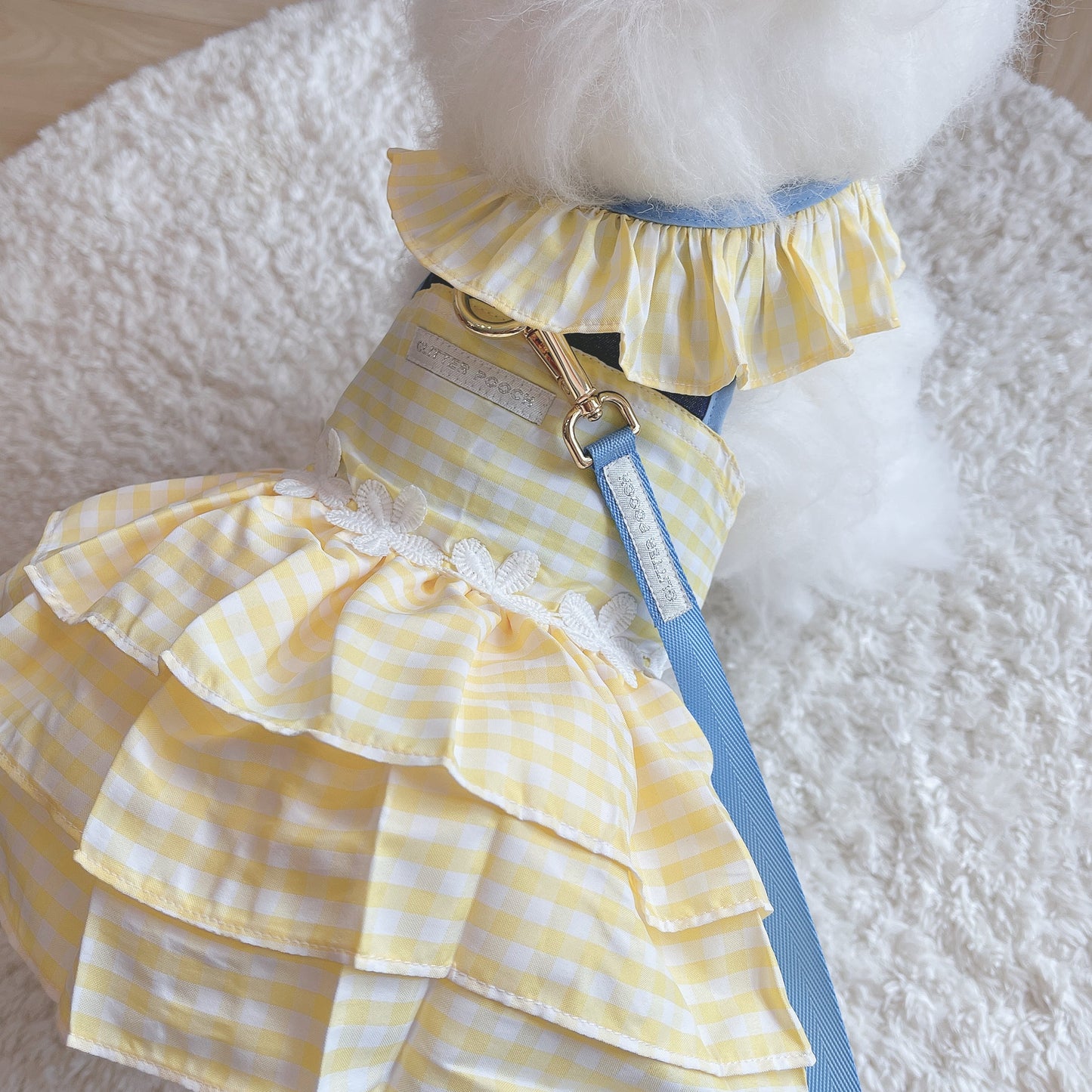 Glitter Pooch Harness ชุดรัดอก สายจูง เสื้อผ้า สุนัข, หมา, แมว, สัตว์เลี้ยง พร้อม สายจูง รุ่น Plaid Plaid Girl Yellow
