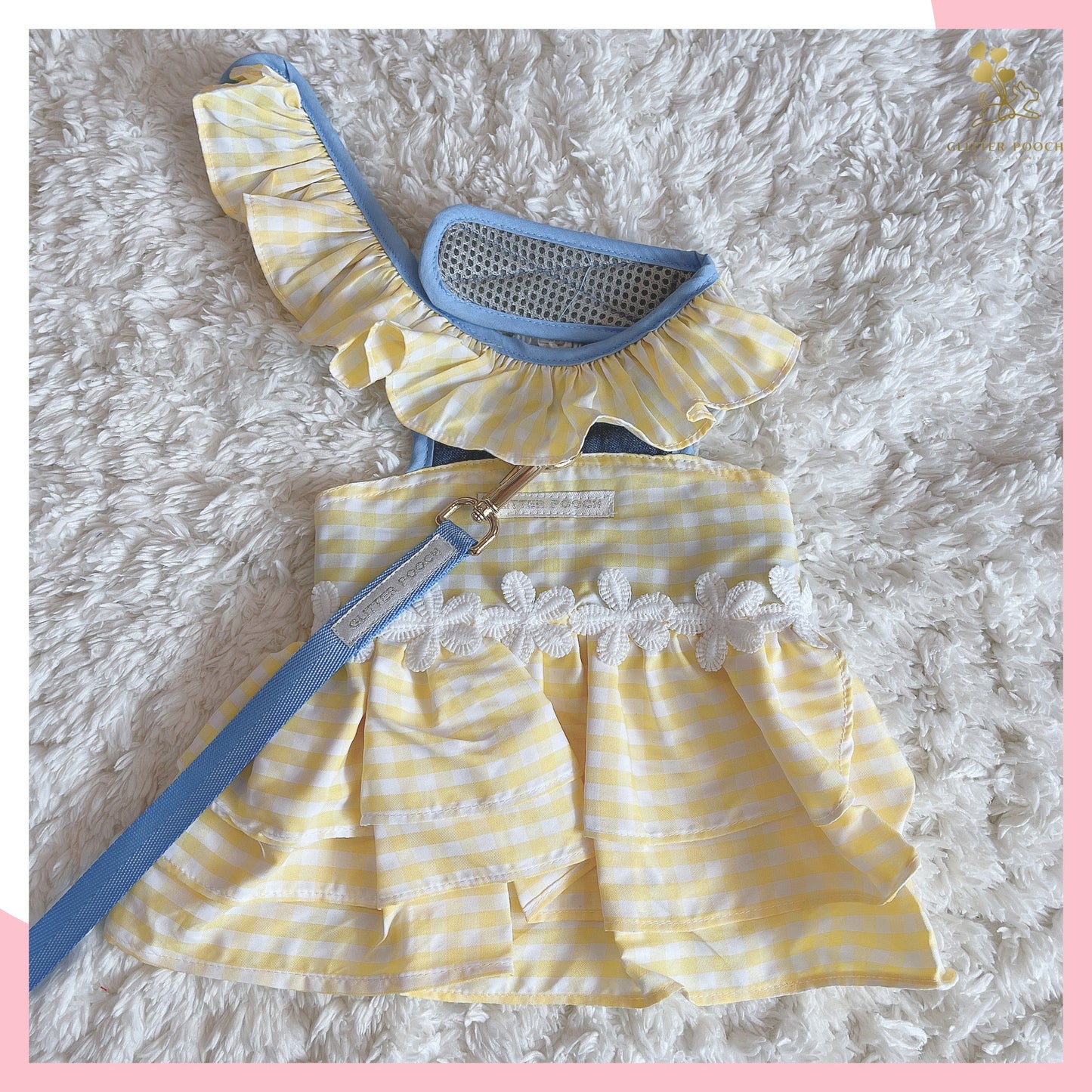Glitter Pooch Harness ชุดรัดอก สายจูง เสื้อผ้า สุนัข, หมา, แมว, สัตว์เลี้ยง พร้อม สายจูง รุ่น Plaid Plaid Girl Yellow