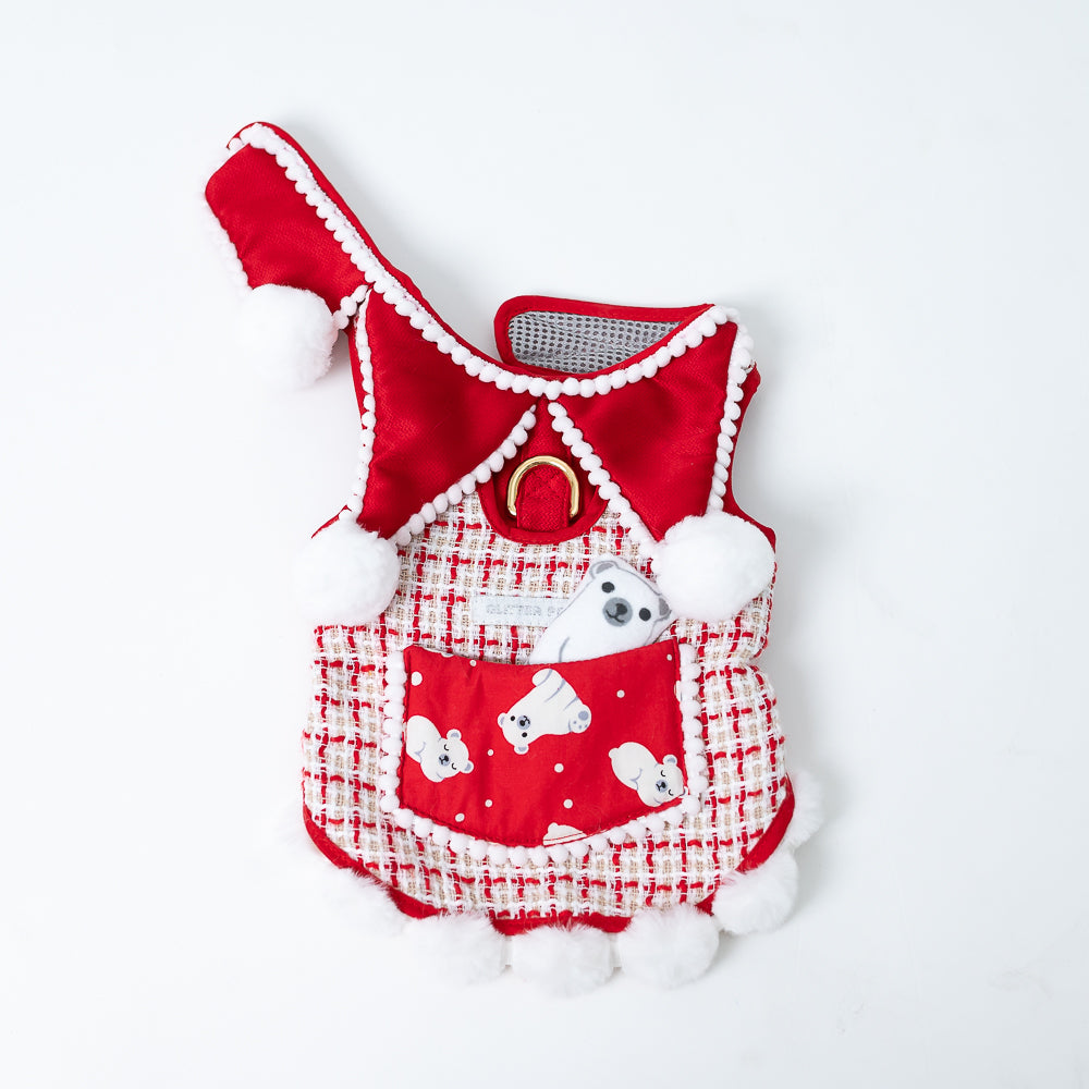 Glitter Pooch Harness ชุดรัดอก สายจูง เสื้อผ้า สุนัข, หมา, แมว, สัตว์เลี้ยง พร้อม สายจูง รุ่น Pom Pom Santa