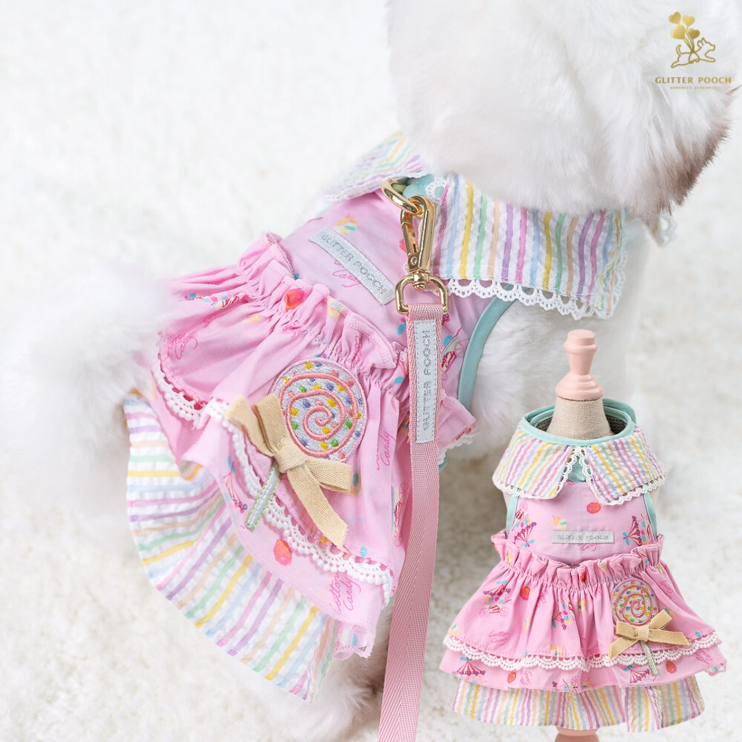 Glitter Pooch Harness ชุดรัดอก สายจูง เสื้อผ้า สุนัข, หมา, แมว, สัตว์เลี้ยง พร้อม สายจูง รุ่น Lolly Fairyland in Flamingo Pink