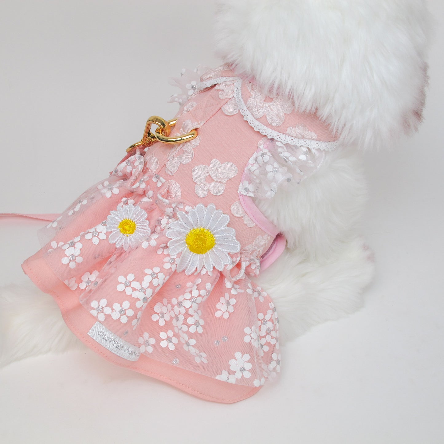 Glitter Pooch Harness ชุดรัดอก สายจูง เสื้อผ้า สุนัข, หมา, แมว, สัตว์เลี้ยง พร้อม สายจูง รุ่น Deary Daisy Peach