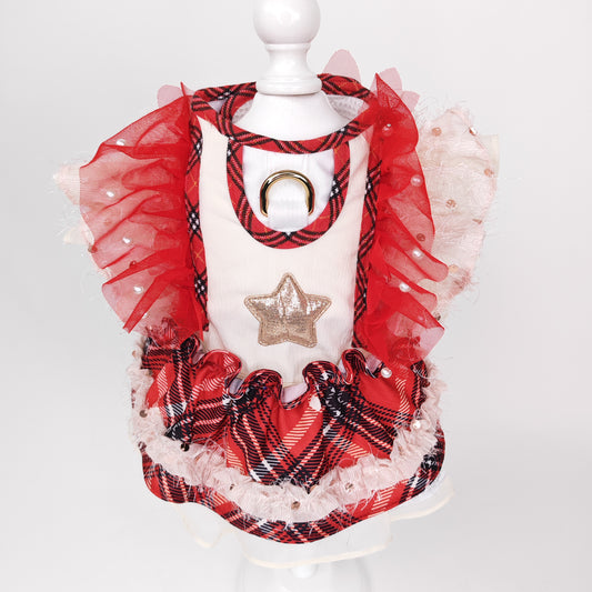 Glitter Pooch Harness ชุดรัดอก สายจูง เสื้อผ้า สุนัข, หมา, แมว, สัตว์เลี้ยง พร้อม สายจูง รุ่น Starry Noel Soirée - Red