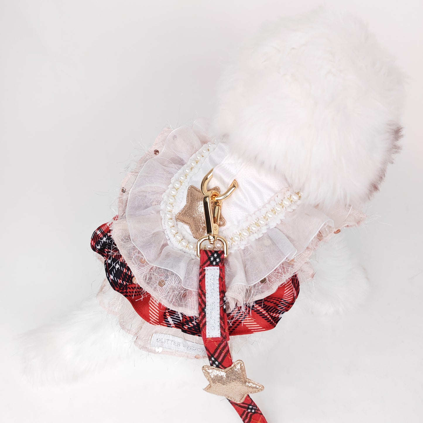 Glitter Pooch Harness ชุดรัดอก สายจูง เสื้อผ้า สุนัข, หมา, แมว, สัตว์เลี้ยง พร้อม สายจูง รุ่น Starry Noel Soirée - White