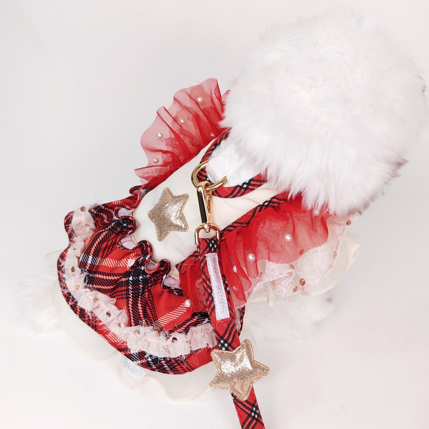 Glitter Pooch Harness ชุดรัดอก สายจูง เสื้อผ้า สุนัข, หมา, แมว, สัตว์เลี้ยง พร้อม สายจูง รุ่น Starry Noel Soirée - Red