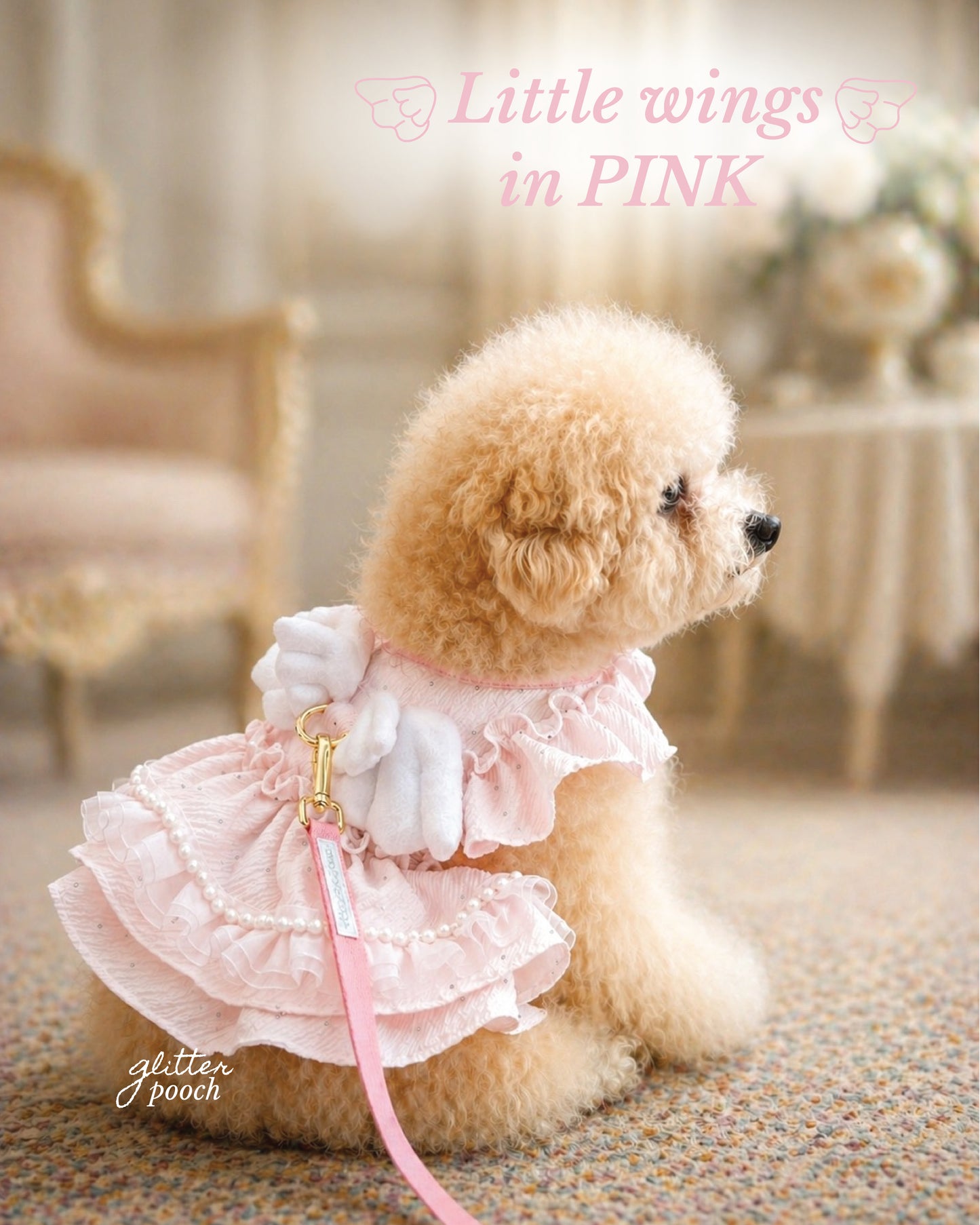Glitter Pooch Harness ชุดรัดอก สายจูง เสื้อผ้า สุนัข, หมา, แมว, สัตว์เลี้ยง พร้อม สายจูง รุ่น Bridgerton in Bloom Little Wings - Pink