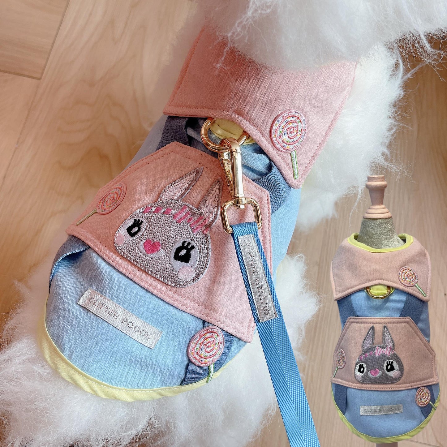 Glitter Pooch ชุดรัดอก สายจูง เสื้อผ้า สุนัข, หมา, แมว, สัตว์เลี้ยง พร้อม สายจูง รุ่น Bunny Lollipop Boy