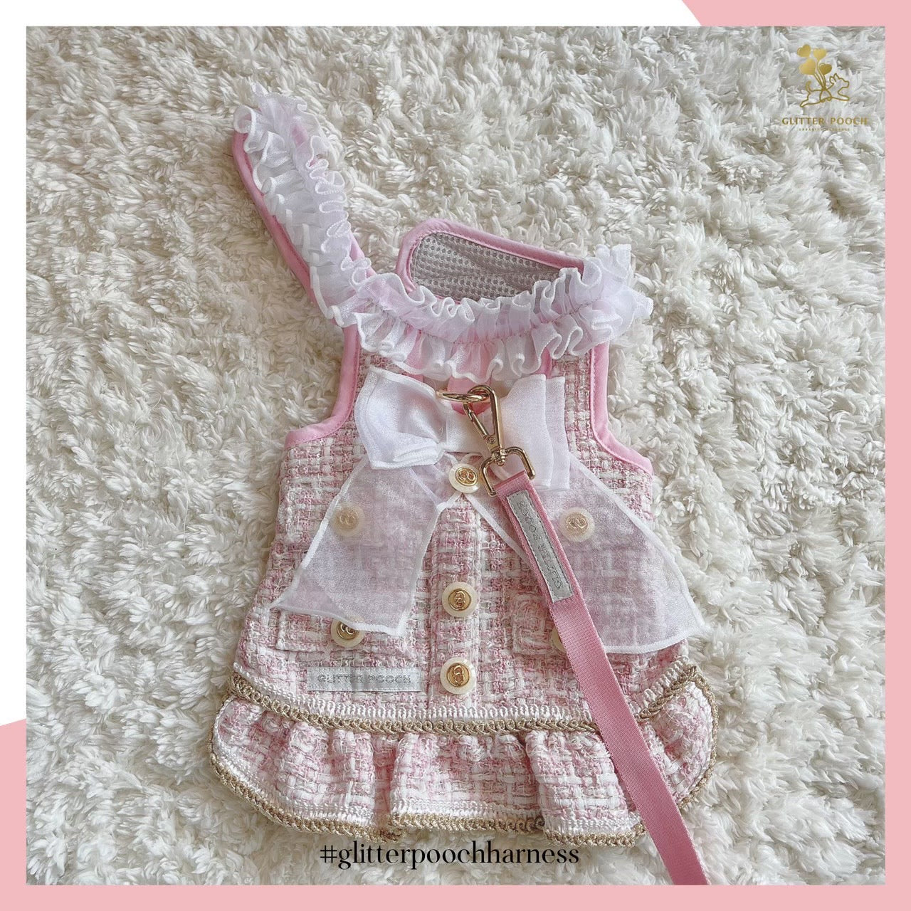 Glitter Pooch Harness ชุดรัดอก สายจูง เสื้อผ้า สุนัข, หมา, แมว, สัตว์เลี้ยง พร้อม สายจูง รุ่น New Emily in Paris Pink