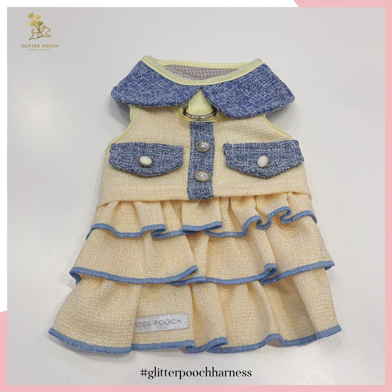 Glitter Pooch ชุดรัดอก สายจูง เสื้อผ้า สุนัข, หมา, แมว, สัตว์เลี้ยง พร้อม สายจูง รุ่น Lady Middleton Yellow