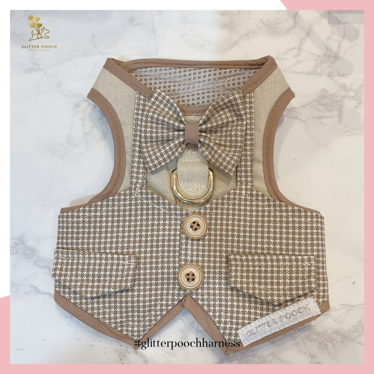 Glitter Pooch ชุดรัดอก สายจูง เสื้อผ้า สุนัข, หมา, แมว, สัตว์เลี้ยง พร้อม สายจูง รุ่น Mr. Milk Tea Gentleman