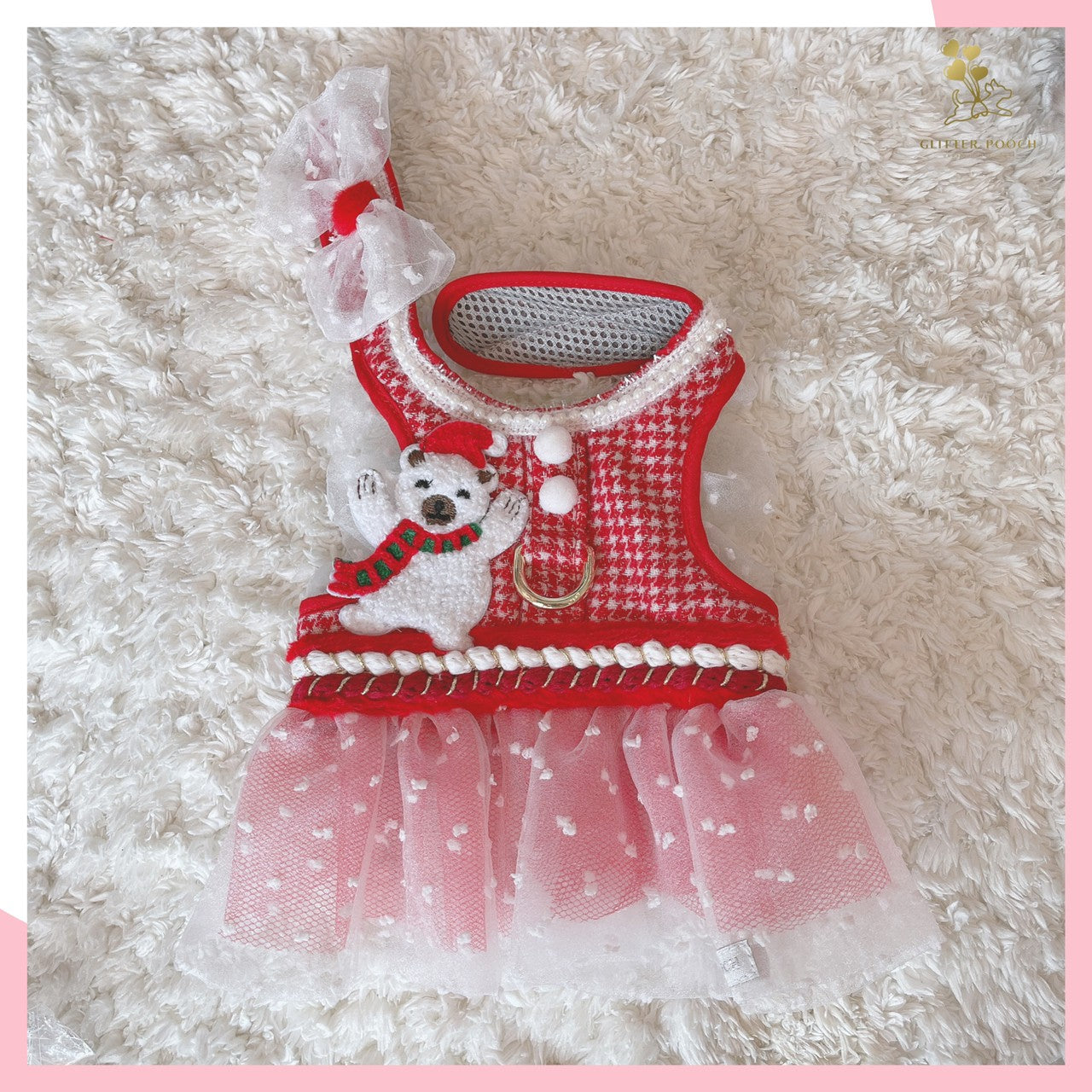 Glitter Pooch Harness ชุดรัดอก สายจูง เสื้อผ้า สุนัข, หมา, แมว, สัตว์เลี้ยง พร้อม สายจูง รุ่น White Polar X'mas Girl