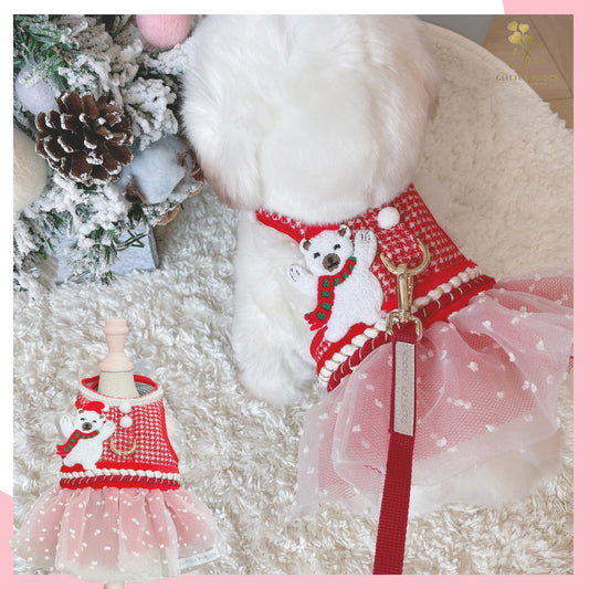 Glitter Pooch Harness ชุดรัดอก สายจูง เสื้อผ้า สุนัข, หมา, แมว, สัตว์เลี้ยง พร้อม สายจูง รุ่น White Polar X'mas Girl