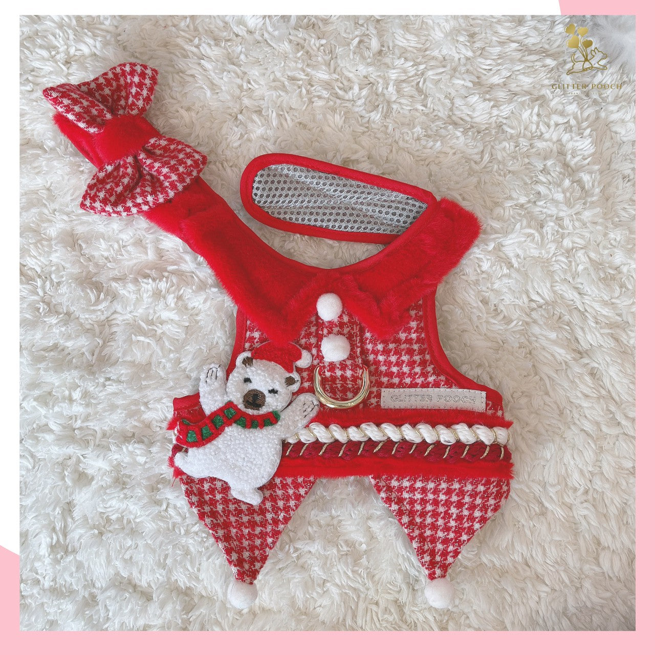 Glitter Pooch Harness ชุดรัดอก สายจูง เสื้อผ้า สุนัข, หมา, แมว, สัตว์เลี้ยง พร้อม สายจูง รุ่น White Polar X'mas Boy